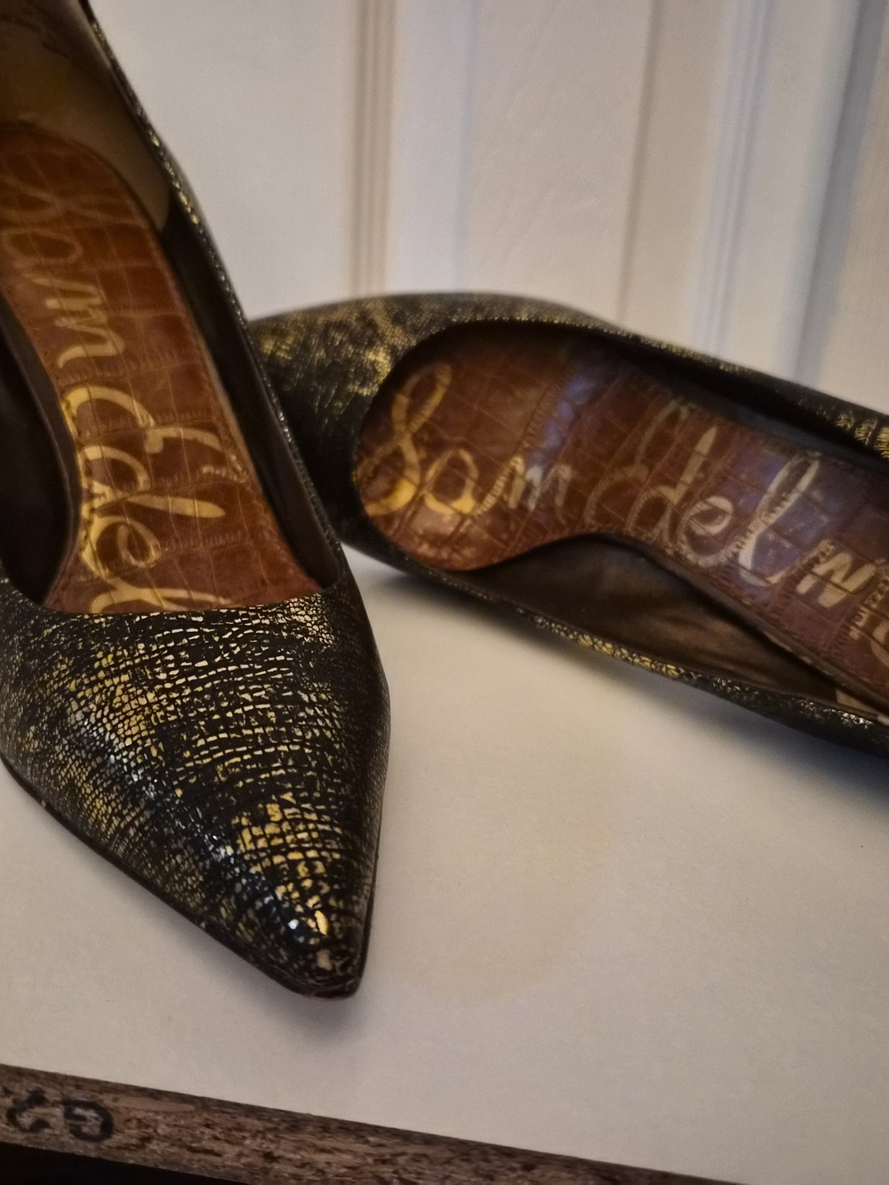 Sam Edelman Black with Gold Metallic Textured Pointed Toe Pumps